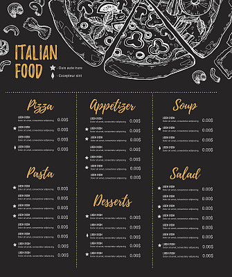 手绘矢量插图-意大利菜单。意大利面和披萨。完美的餐厅宣传册，咖啡馆传单，外卖菜单。设计模板与插图在素描风格。图片下载