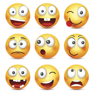 微笑，微笑的愤怒、悲伤、快乐表情符号。带有情感的黄色面孔。面部表情。3D逼真表情符号。有趣的卡通人物。心情。Web图标。矢量图图片下载