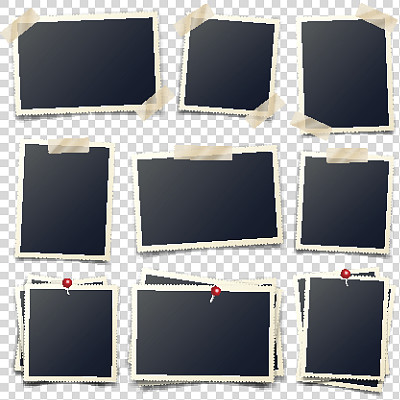 带图钉和胶带的旧照片卡，雕刻的侧面，相框，胶卷。带有阴影的复古照片。数码快照,形象。摄影艺术。设计的模板或模型。透明背景。向量图片下载