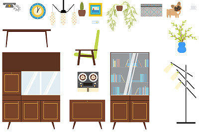 70年代风格的一组独立的室内物体。图片下载