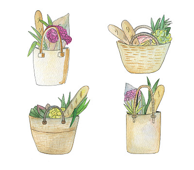 手绘水彩购物袋组合图片下载