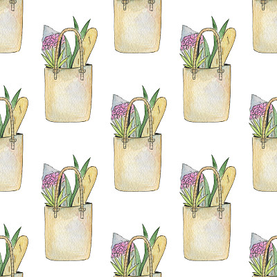 手绘购物篮和新鲜食物无缝图案图片下载