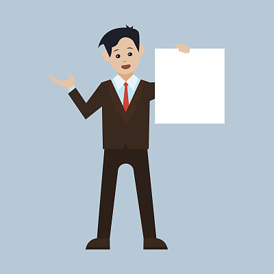 商人显示空白招牌，与copyspace区域为您的文本或口号。矢量图图片下载