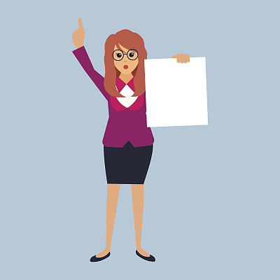 女商人展示空白的招牌，为你的文字或口号留出空间。矢量图图片下载