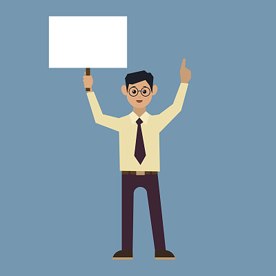 商人显示空白招牌，与copyspace区域为您的文本或口号。矢量图图片下载