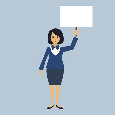 女商人展示空白的招牌，为你的文字或口号留出空间。矢量图图片下载