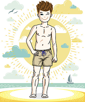 可爱的小男孩穿着时尚的沙滩短裤站在那里。向量的孩子说明。童年生活方式的卡通。图片下载