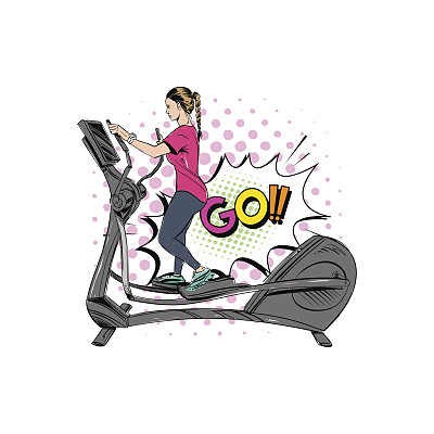 女子从事不同的训练器材在健身房设置。手绘矢量插图。图片下载