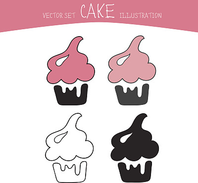 蛋糕向量集。四个糖果黑色，线条和颜色风格图片下载
