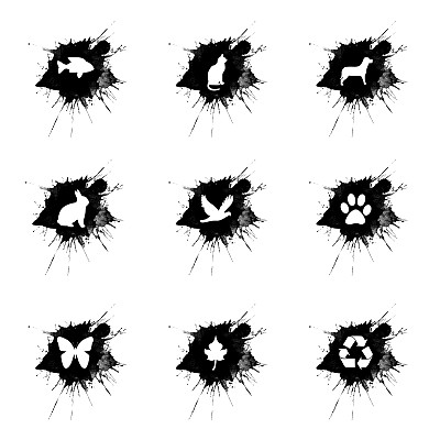 墨水飞溅，生态图标设置在白色背景图片下载