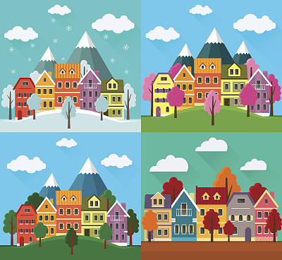 四季城市景观集:春、秋、夏、冬。城市景观的收藏。村庄，城市或城镇矢量插图。图片下载