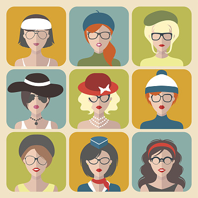 大的矢量集不同的女性应用程序图标在眼镜和帽子在平的风格。图片下载