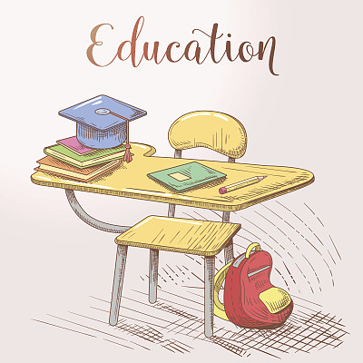 手绘教育理念与书桌和书籍图片下载