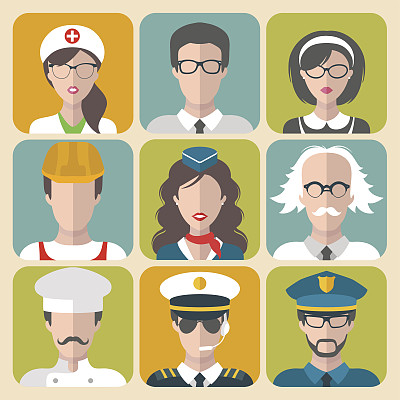 矢量集不同的职业男人和女人图标在时尚的平面风格。图片下载