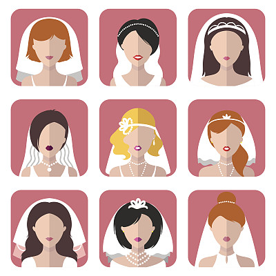 矢量婚礼在时尚的平面风格不同的新娘应用程序图标。新娘的网络头像收集。图片下载