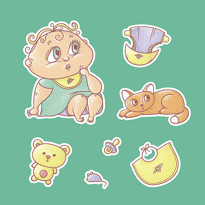 矢量一套彩色插图贴纸的惊讶的孩子和小猫。卫生用品，婴儿护理用品和玩具。胖乎乎的卷毛小孩，大大的眼睛，穿着鲜艳的衣服和红色的猫图片下载