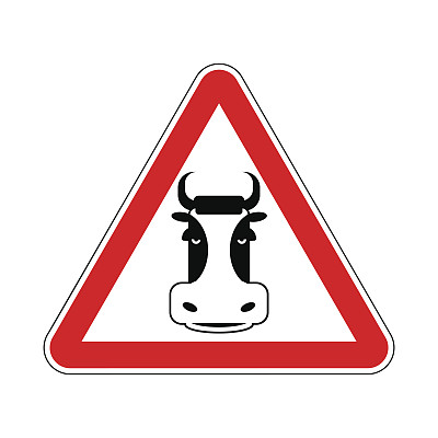 牛的警告。红三角上的牛肉。道路标志注意农场动物图片下载