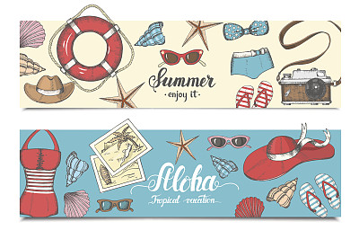 矢量复古一套夏季横幅。手绘矢量元素。图片下载