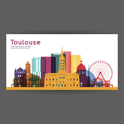 图卢兹彩色建筑矢量插图，天际线城市剪影，摩天大楼，平面设计。图片下载