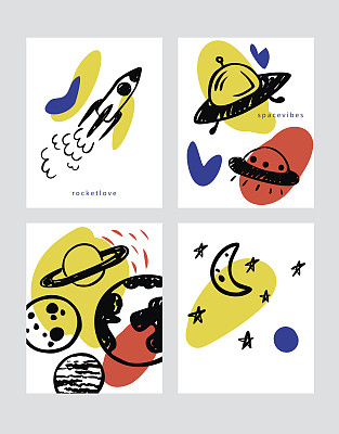 向量当代贺卡集。手绘墨水模板与行星，银河系，宇宙飞船，不明飞行物的卡片，传单，小册子，商业，生日，周年纪念，婚礼，派对邀请，假期。图片下载