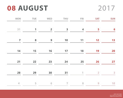 日历计划2017年8月，周开始周一，矢量设计模板图片下载