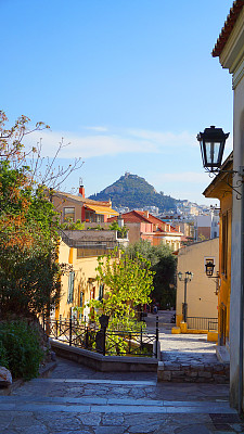 希腊，阿提卡，雅典，Anafiotika区，新古典主义房屋的照片图片下载