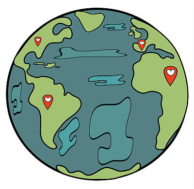 可爱的卡通地球行星与地图位置矢量插图孤立在白色的背景图片下载