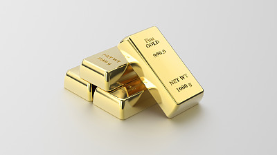 3D插图特写金字塔的四个金条在灰色的背景图片下载