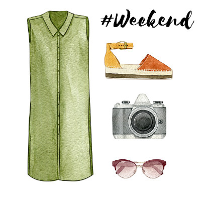 水彩周末集合。春季时装插图。素材图片