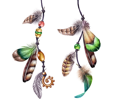 水彩插图，波西米亚羽毛配件，捕梦器股，复活节剪辑艺术，部落组合的设计元素，孤立的白色背景图片下载