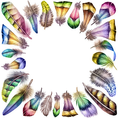 水彩插图，丰富多彩的波西米亚羽毛，复活节剪辑艺术，部落头巾设计，春天设计元素，孤立的白色背景图片下载