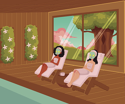 女人在水疗中心放松，躺在椅子上面膜图片下载