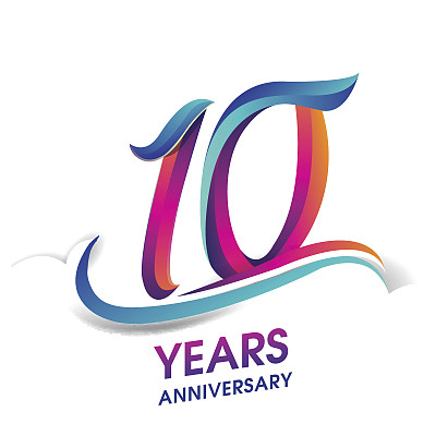 10周年庆典标志为蓝色和红色。素材图片