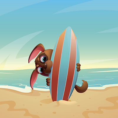 夏季插图与一只狗在一个冲浪板图片下载