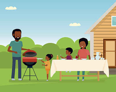 非洲快乐家庭在户外准备烧烤架。家庭休闲图片下载