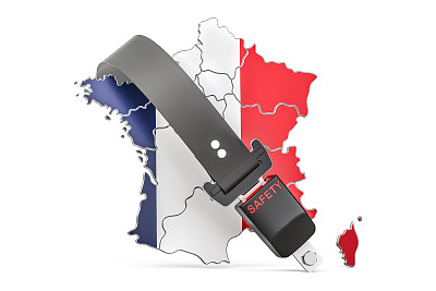 系上安全带的法国地图。安全和保护或保险概念，3D渲染图片下载