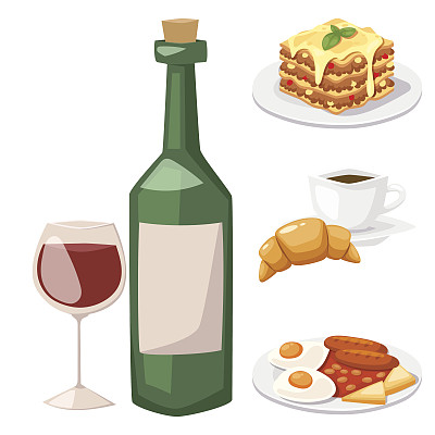 美味的欧洲美食晚餐扁平风矢量插画素材图片