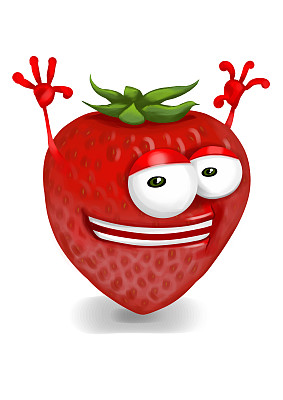快乐的红草莓卡通人物开心地举起双臂大笑图片下载