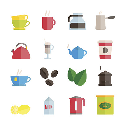 一套矢量平面茶和咖啡图标为web，打印，移动应用程序设计图片下载