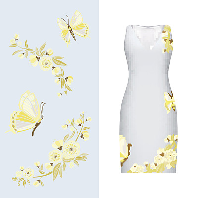 矢量刺绣，花卉图案的蝴蝶，叶子和玫瑰的经典女装模型。矢量插图。手绘的图案。金色配浅蓝色。日本风格图片下载