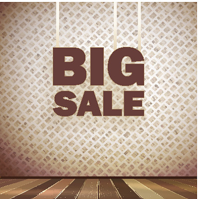 米色墙壁木地板与大销售框架。图片下载