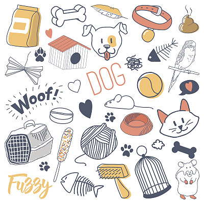 宠物手绘涂鸦猫，狗和鹦鹉图片下载