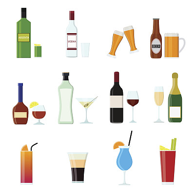 卡通酒精饮料饮料颜色图标集。向量图片下载