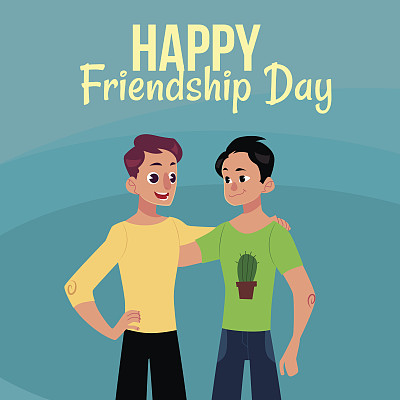 友谊节快乐贺卡与两个男人，朋友拥抱图片下载