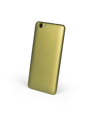 金色垫子手机智能站在白色背景从背面观看。与剪切路径隔离图片下载