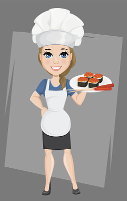 带寿司的女厨师。可爱的卡通人物厨师。矢量插图。EPS10素材图片