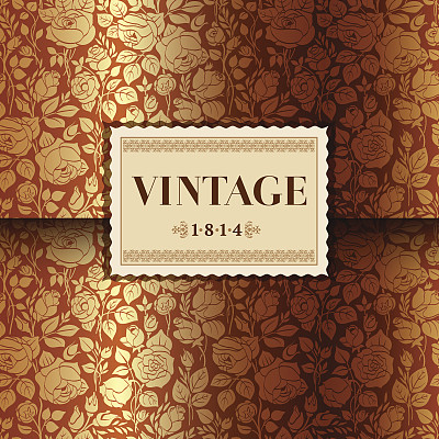 带有花园玫瑰的金色复古卡片图片下载