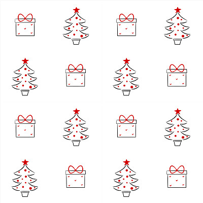 可爱可爱的手绘黑白红色礼盒和圣诞树矢量插图无缝图案背景。图片下载