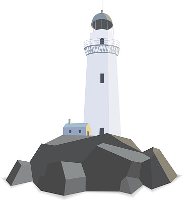 灯塔与房子在岩石孤立的平面插图图片下载