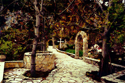 乡村希腊教堂入口-绘画效果图片下载